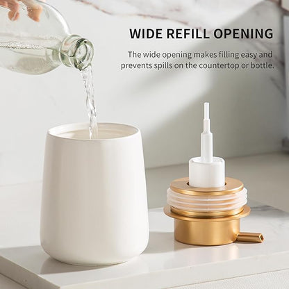 Enra Foaming Soap Dispenser,12 oz Beige Ceramic Modern Foam Hand Soap Dispenser for Bathroom,Kitchen with Easy-to-Press Pump (White Foam Gold Pump)