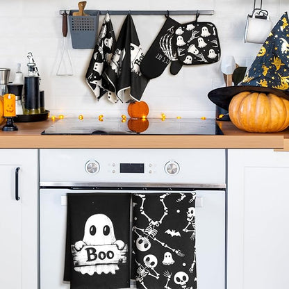 Leinuosen 8 Pcs Skull Kitchen Decor Set Kitchen Towels Gothic Oven Mitts and Pot Holders Skeleton Hand Dish Towels Horror Oven Mitts for Home Decoration Party Gifts (Vintage Color,Ghost) - Image 2