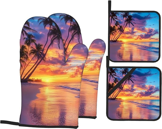 Palm Tree Seaside Pattern Oven Gloves and Hot Pads Set - Heatproof Hand Protection for Baking, Grilling, Cooking, Gifts for Women 4Pcs
