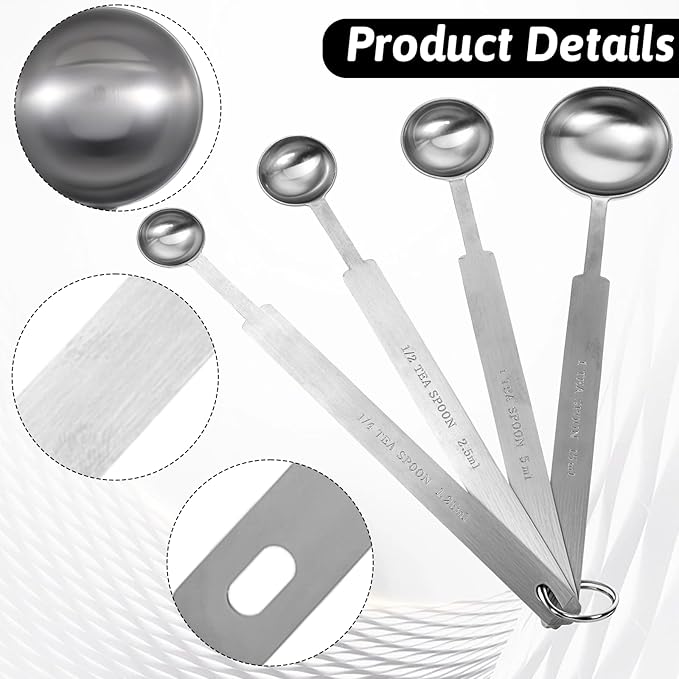 4 Pcs Long Handle Measuring Spoons Set Stainless Steel Measuring Spoon Set Metal Coffee Scoop Tablespoon Teaspoon for Liquid Solid Powder Ingredients (1/4 tsp, 1/2 tsp, 1 tsp, 1 tbsp)