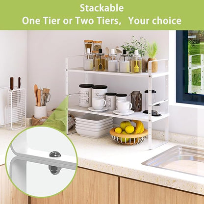 Across-Star Expandable Cabinet Shelf Organizer Rack, Stackable Kitchen Counter Storage Shelves Stand, Adjustable Height Pantry Shelf Spice Rack (White, 1 Pack) - Image 6