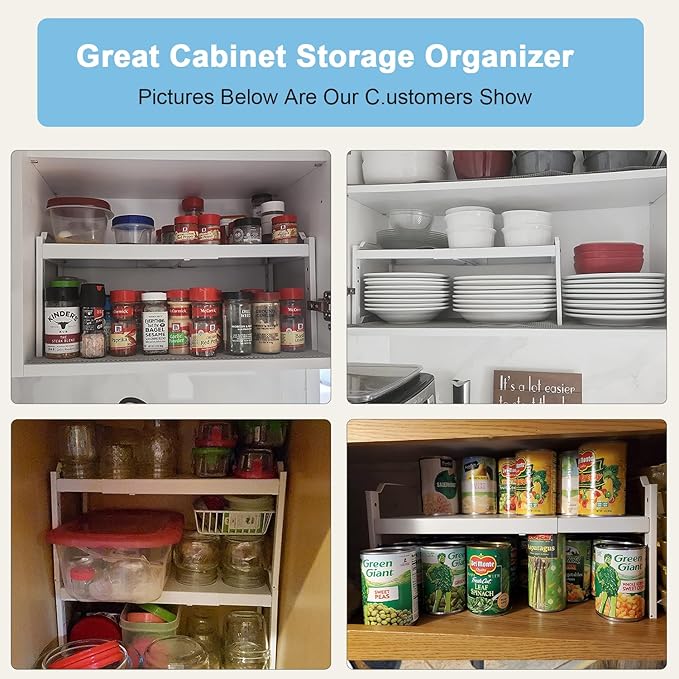 4 Pack Kitchen Cabinet Shelves Organizers, Kitchen Counter Storage Shelf Spice Rack, Expandable Length, Adjustable Height, Stackable, Sturdy 30LBS Bearing, Small Cupboard Tabletop Organizer Shelf Rack - Image 7