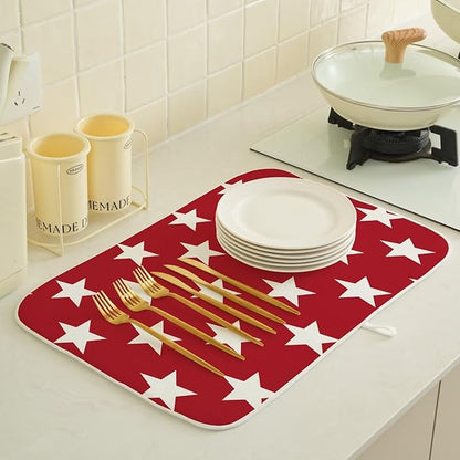 4th of July Dish Drying Mat 18 x 24 inch Independence Day Red Stars Decorative Drying Mats Microfiber Absorbent Holiday Patriotic Dish Washable Draining Mat for Kitchen Counter Decor