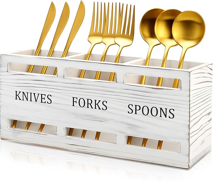 Farmhouse Wooden Utensil Caddy Party Cutlery Silverware Holder Small Wood Utensil Holder for Kitchen Counter Decor Flatware Cutlery Organizer Table Flatware Silverware Caddy Spoon and Fork Organizer by Ayiaren