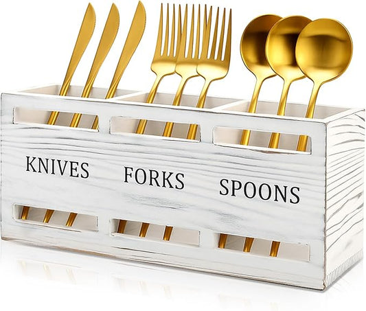 Farmhouse Wooden Utensil Caddy Party Cutlery Silverware Holder Small Wood Utensil Holder for Kitchen Counter Decor Flatware Cutlery Organizer Table Flatware Silverware Caddy Spoon and Fork Organizer by Ayiaren