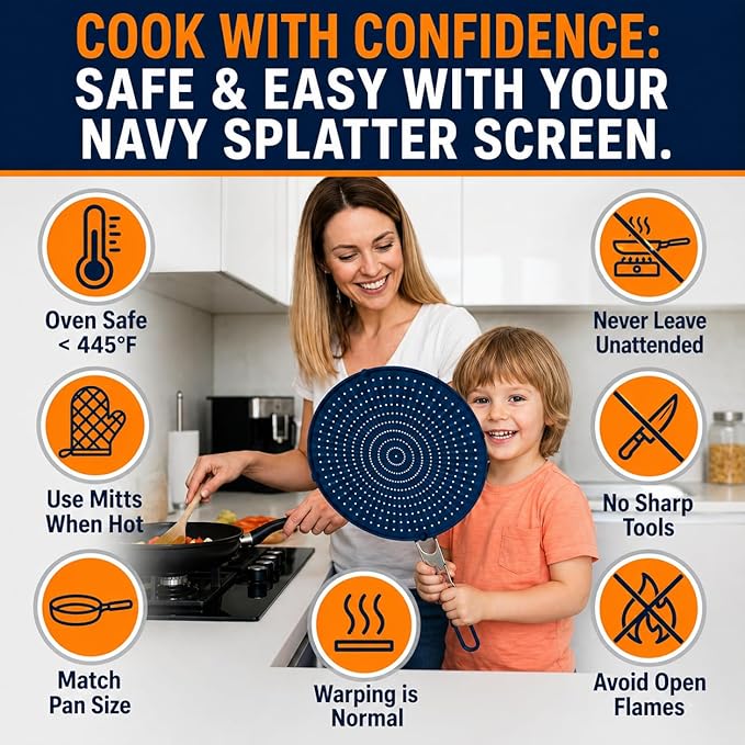 Silicone Splatter Screen for Frying Pan, 13” Navy – Grease & Oil Splatter Guard, Heat Resistant, Dishwasher Safe, Foldable Handle with Sleeves – Splash Guard Fits 10–12” Pans, Most 13” Skillets - Image 7