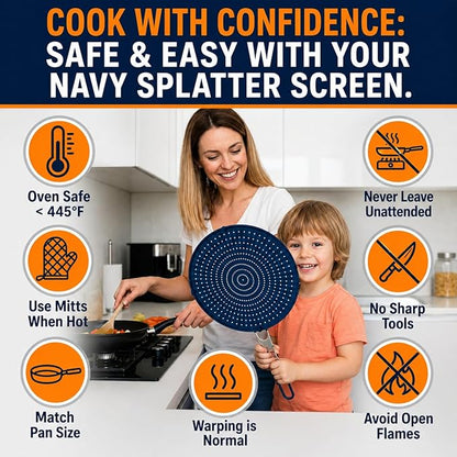Silicone Splatter Screen for Frying Pan, 13” Navy – Grease & Oil Splatter Guard, Heat Resistant, Dishwasher Safe, Foldable Handle with Sleeves – Splash Guard Fits 10–12” Pans, Most 13” Skillets - Image 7
