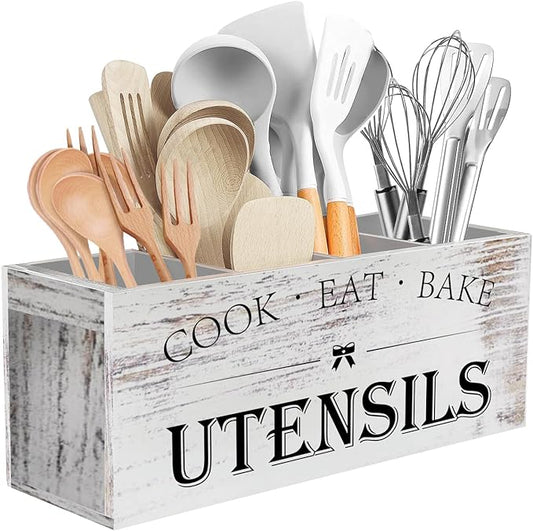 Suli Extra Large Kitchen Utensils Holder with 4 Compartments, Wooden Utensil Organizer for Kitchen Countertop, Farmhouse Decor, Rustic Cooking Utensil - White grain by Suli