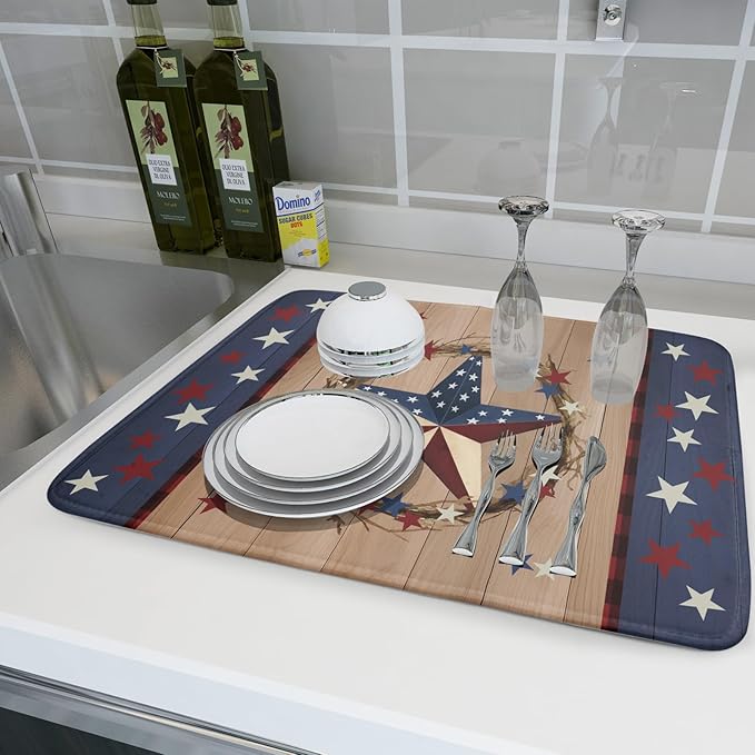4th of July Dish Drying Mat for Kitchen Counter Patriotic Farmhouse Rustic Microfiber Absorbent Dish Draining Reusable Washable Foldable Extra Large 18"x24" - Image 6
