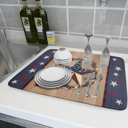 4th of July Dish Drying Mat for Kitchen Counter Patriotic Farmhouse Rustic Microfiber Absorbent Dish Draining Reusable Washable Foldable Extra Large 18"x24" - Image 6