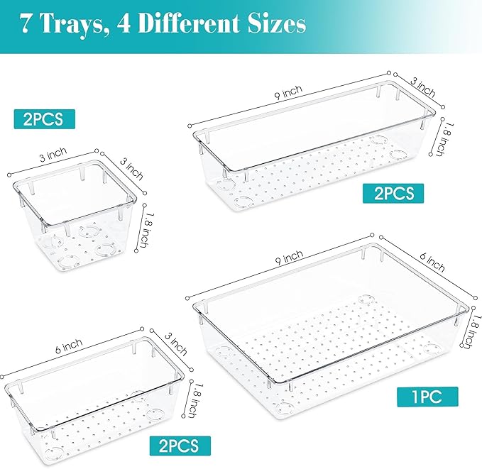 StorMiracle 7 PCS Clear Plastic Drawer Organizers Set, 4 Size Desk Drawer Organizer Trays for Makeup, Jewelry, Kitchen Utensils, Gadgets and Office Accessories - Image 2
