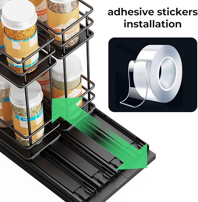 Mystozer Pull Out Spice Rack Organizer for Cabinet, Slide Out Spice Racks, Easy to Install Spice Cabinet Organizers, 5.28" Wx10.43 Dx8.26 H, 2 Drawers 2 Tiers(Black) - Image 5