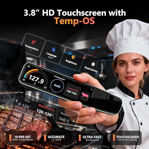 AWLKIM Digital Kitchen Thermometer for Cooking, 0.5-Second Instant Read Meat Thermometer, 3.8" Touchscreen, IP67 Waterproof Food Probe for BBQ, Grill, Candy, Oil, Baking | ±0.5°F, USB-C Rechargeable - Image 3