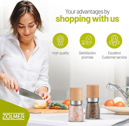 ZOLMER® Wooden Salt and Pepper Grinder Set | Natural Manual Ceramic Mill - Stylish Chili Mill, Pepper Grinder, and Salt Grinder [No Spices Included]