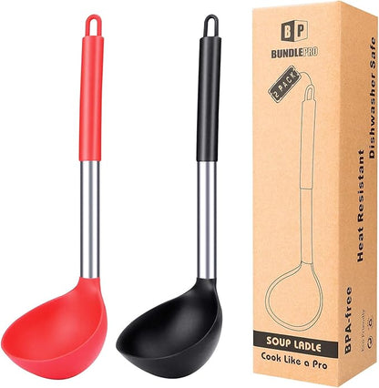 Pack of 2 Ladle Spoon,Silicone Large Spoon for Soup,Non Stick Kitchen Utensils with High Heat Resistant,BPA Free Perfect Kitchen Tools for Cooking, Stirring,Serving Soups (BLACK-RED) by BUNDLEPRO