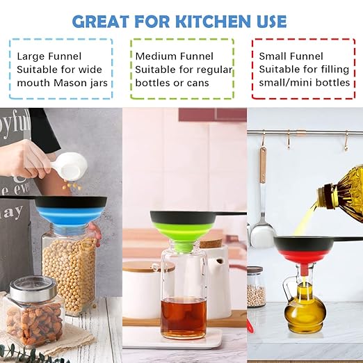 Funnels for Filling Bottles, Wide Mouth Canning Funnel for Kitchen Use Mason Jars, Small Funnel for Transfer Liquid, Oil and Powder, Food Grade Silicone Collapsible Filter Set (3 Pack) - Image 6