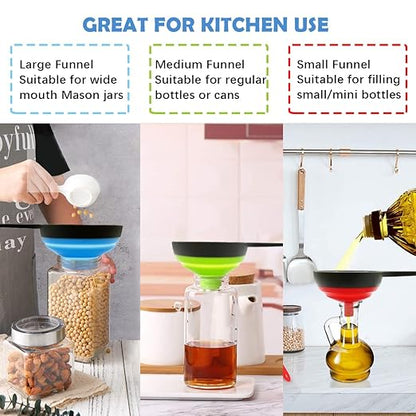 Funnels for Filling Bottles, Wide Mouth Canning Funnel for Kitchen Use Mason Jars, Small Funnel for Transfer Liquid, Oil and Powder, Food Grade Silicone Collapsible Filter Set (3 Pack) - Image 6