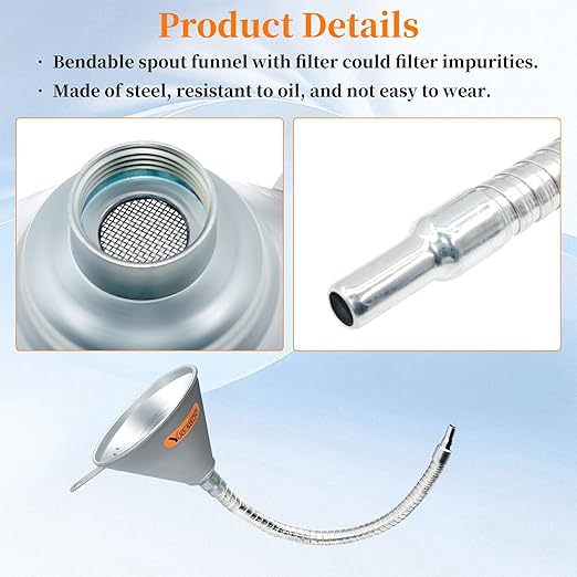 14.84" Steel Bendable Spout Funnel with Filter for All Automotive Oils, Metal Flexible Long Funnels for Automotive Use for Transmission Fluid, Diesel Fuel, and Other Liquids, with Gloves - Image 4