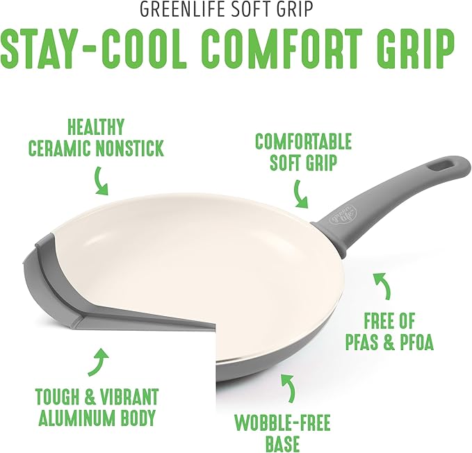 GreenLife Non Stick Fry Pan Set (7" & 10"), Non-Toxic PFAS-Free Ceramic Skillets, Dishwasher & Oven Safe, Egg Omelet Frying Pans, Stay- Cool Handles, Kitchen Home Cooking Essentials, Gray - Image 4