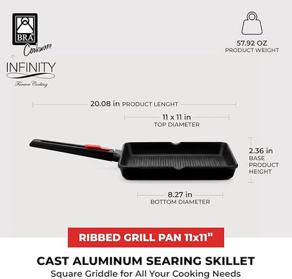 BRA COOKWARE Infinity Nonstick Ribbed Grill Pan (11x11 Inch) | Cast Aluminum Searing Skillet | Removable Handle | PFOA/PFAS Free Square Griddle | All Cooktops (incl Induction) Grilling Skillet