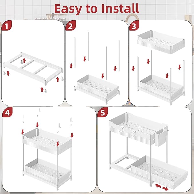 Sevenblue Under Sink Organizer, Bathroom Organizers and Storage, 2 Tier Multi-Use Pull Out Cabinet Organizer with Hang Hooks and Cups (White, 4 Pack) - Image 9