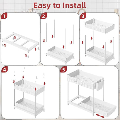 Sevenblue Under Sink Organizer, Bathroom Organizers and Storage, 2 Tier Multi-Use Pull Out Cabinet Organizer with Hang Hooks and Cups (White, 4 Pack) - Image 9