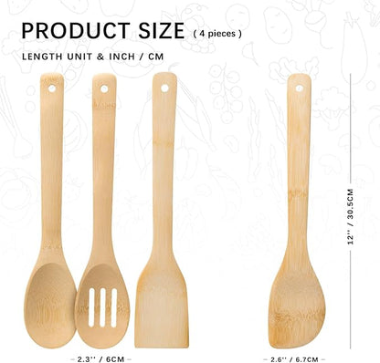 Wooden Spoons for Cooking, 4PCS Wooden Utensil Set Includes Slotted Spoon, Wooden Spoon & Wooden Spatula, Bamboo Cooking Utensils for Non-Stick Pans, Natural Bamboo Utensils - Image 2