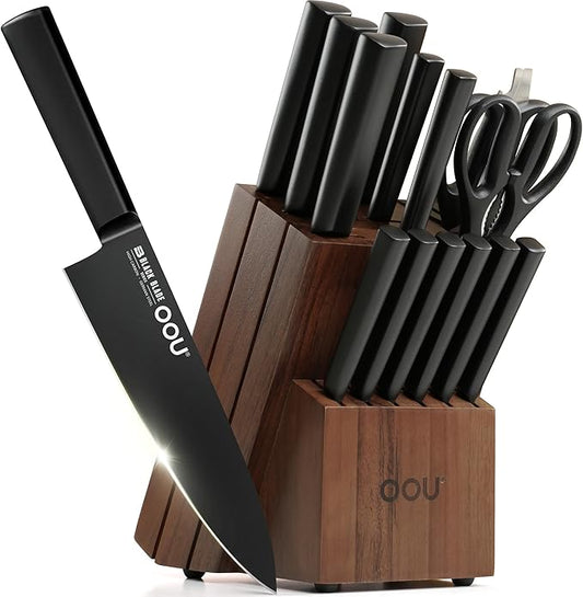 OOU Kitchen Knife Block Set - 15 Pieces High Carbon Stainless Steel Chef Knife Sets, Anti-Rust Black Knives Set with Built-in Sharpener Block, Brown
