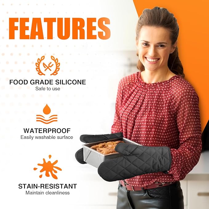 Silicone Oven Mitts, Heat Resistant 2PCS Oven Mitts with Soft Cotton Lining, Waterproof Non-Slip Grip Oven Glove, Kitchen Potholder Mits for BBQ, Baking, Cooking, 10.5Inch - Dark Black - Image 4