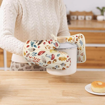 Fall Silicone Oven Mitts Pan Mats Set of 2, Heat Resistant Gloves Potholder with Non-Slip Grips Hanging Loops Pot Holder, Spring Summer for Chef Cooking, Baking, Grilling, BBQ