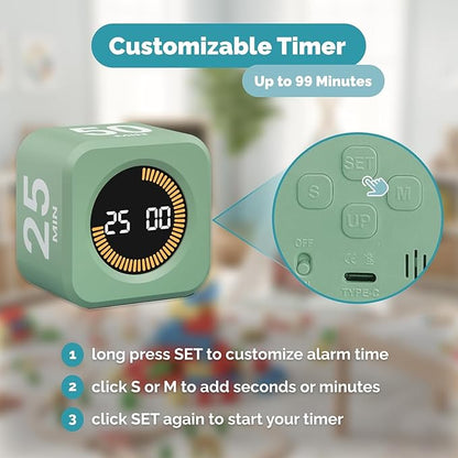 KADAMS Pomodoro Cube Timer Productivity Visual Timer - 5/10/25/50 Min Rotating Countdown (1, Green)