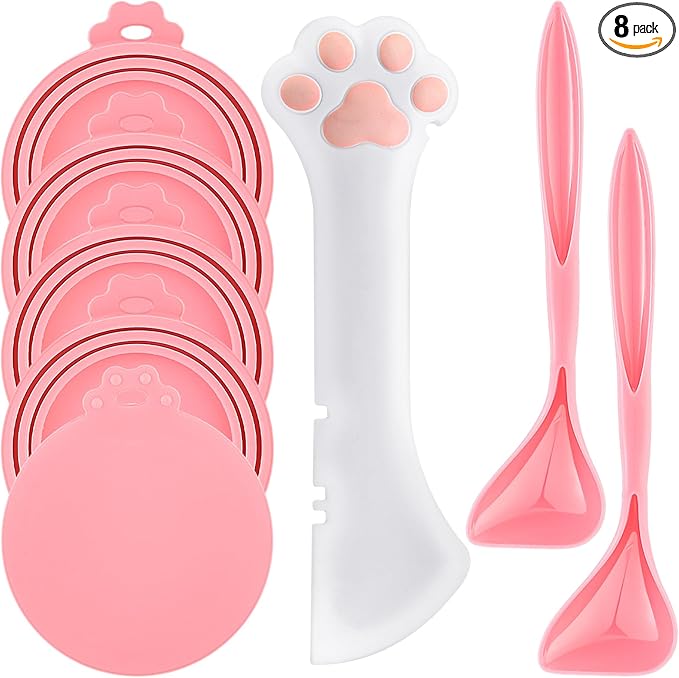 Uiifan Cat Food Lid Cat Food Can Covers Lids 8 Pcs Pet Can Supplies Set 5 Silicone Wet Kitten Foodstuff Tin Covers Lids 2 Silicone Dog Spoons 1 Paw Shape Multifunctional Opener for Pets(Pink)