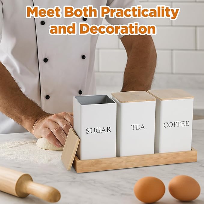 3 Pack Coffee Tea Sugar Container with Tray Airtight Metal Canister with Bamboo Lid Tray for Kitchen Counter Dining Room Farm House Kitchen Style Drink Station Organizer Set(White)