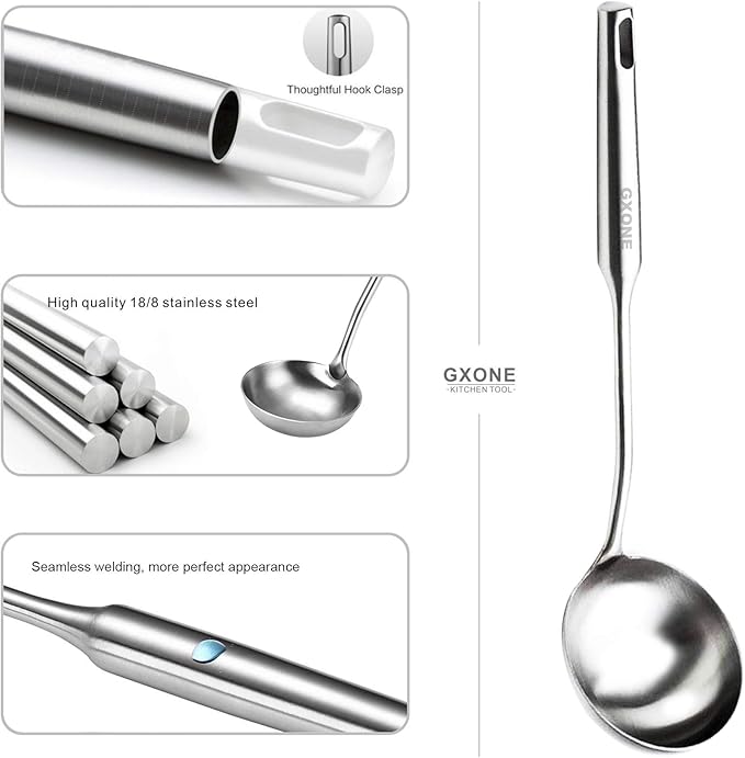 Soup Spoon Ladle,304 Stainless Steel Cooking Spoon Kitchen Tool For Wok With Hollow Handle, Silver/13.9Inch - Image 3