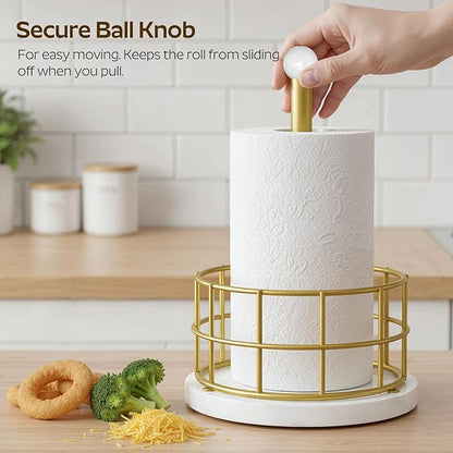YATINEY Paper Towel Holder, Kitchen Paper Towel Holder for Countertop, Gold Paper Towel Stand with Wooden Base, Freestanding Kitchen Roll Holder, for Standard Size Rolls, Gold CJ05DW
