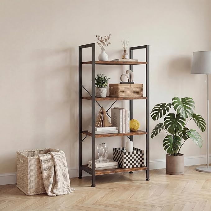 DUMOS 4 Tiers Bookshelf, Classical Book Shelf, Tall Display Shelves in Living Room/Home/Office, Storage Organizer for CDs/Books/Movies, Brown - Image 7