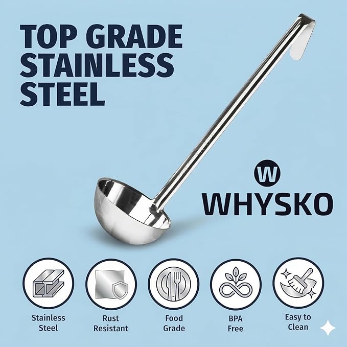 Whysko Soup Ladles Stainless Steel, 3-Pack of 6 oz. Metal Ladle Spoons, Rustproof Heat-Resistant Materials for Cooking and Serving Soups and Sauces, Commercial Grade Kitchen Essentials
