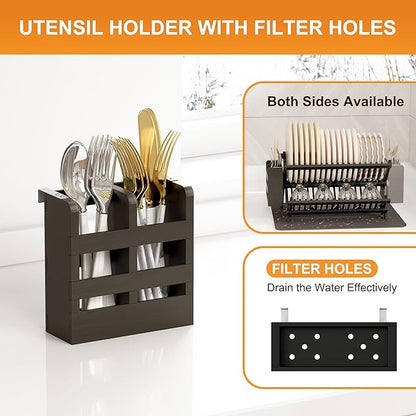 Greenual Black Bamboo Dish Drying Rack with Utensil Holder, 2 Tier Collapsible Dish Rack, Wooden Dish Racks for Kitchen Counter, Folding Drying Holder with Absorbent Dish Drying Mat - Image 3