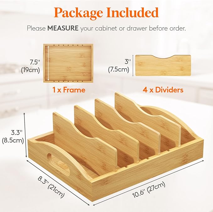 Lifewit Bamboo Lid Organizers for Inside Cabinet, Food Storage Container Lid Holder with 4 adjustable Inserts & 5 Sections, Kitchen Pantry organizer and storage, 10.6" X 8.3" - Image 2