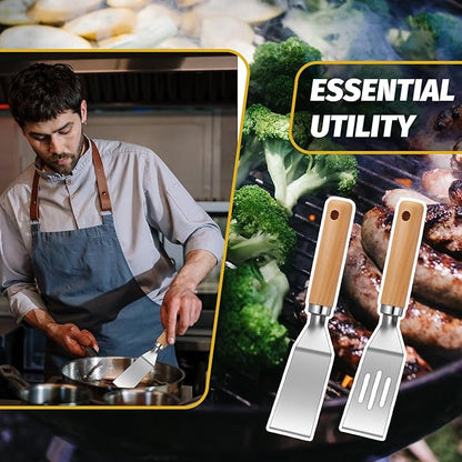 Patelai 2 Pack Small Spatula Mini Serving Brownie Spatula for Serving and Flipping Cooking Pancakes Desserts Cookie Eggs Lasagna (Solid,Slotted,Wooden Handle)