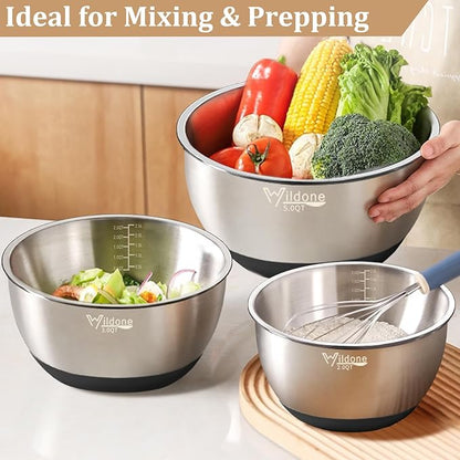 Wildone Mixing Bowls with Airtight Lids, 27 PCS Stainless Steel Nesting Bowls, with 3 Grater Attachments, Scale Mark & Non-Slip Bottom, Size 5, 4, 3, 2, 1.5, 1, 0.63QT, Ideal for Mixing & Prepping - Image 5