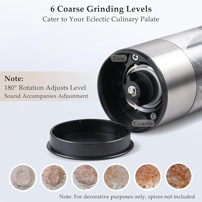 Electric Salt and Pepper Grinder Set, USB Rechargeable, Stainless Steel Automatic Salt and Pepper Mill Grinder with Adjustable Coarseness, Electric Salt Shakers, LED Light, Refillable (2 Packs) - Image 5