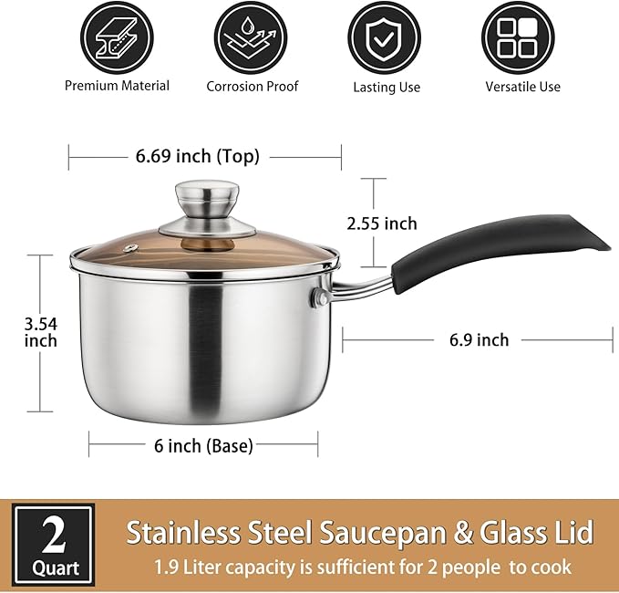 P&P CHEF 2 Quart Saucepan Small Pot, Stainless Steel Saucepan with Lid, Small Sauce Pan for Home Kitchen Restaurant Cooking, Visible Glass lid & Bakelite Heat-Proof Handles,Dishwasher Safe, 1 Pc - Image 5