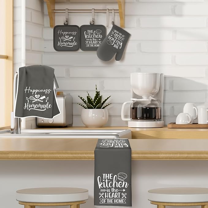 Sratte 6 Pcs Kitchen Decor Accessories Set Farmhouse Towels Pot Holders Oven Mitts Set 2 Dish Towels 2 Potholders 2 Cooking Mittens Oven Glove for Christmas Baking Cooking Supply(Dark Gray,Kitchen) - Image 3