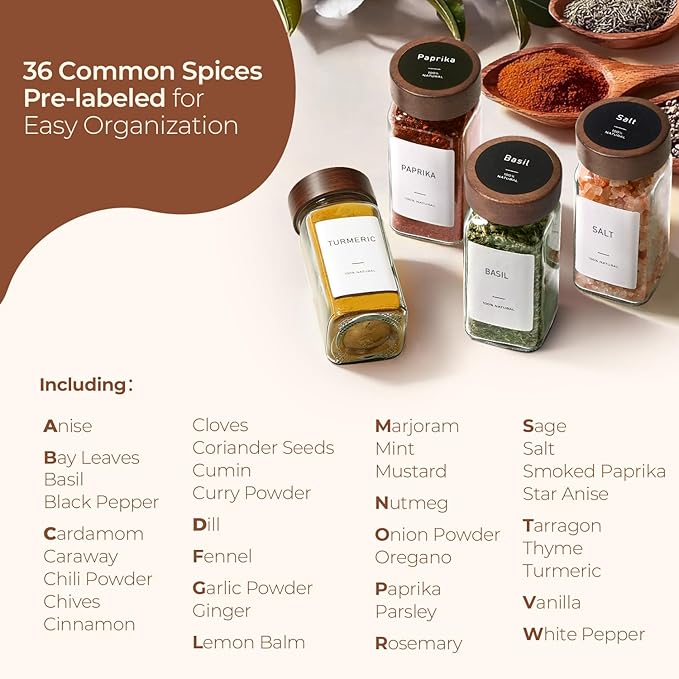 ComSaf 24Pcs (4Oz) Glass Spice Jars with Label, Airtight Seasoning Containers with Lid for Home Cooks to Organizing Herbs, Sugar, Pepper, Salt, Glass Spice Bottles Organize Cabinet & Drawer - Image 8