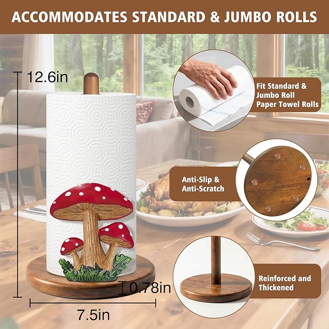 Mushroom Decor Paper Towel Holder, Cottage Core Decor for Kitchen Countertop, Cute Wood Paper Towel Holder Stand with 3D Resin Accent, Gifts for Women Mom Grandma