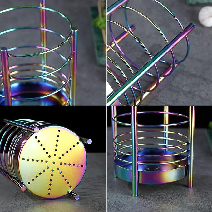 Rainbow Kitchen Utensil Holder for Kitchen Counter, Stainless Steel Utensil Crocks, Rainbow Titanium Coating Utensil Storage Caddy Organizer, Cooking Utensil Holder, Easy Cleaning(Rainbow/7.4''x5.2'') - Image 7