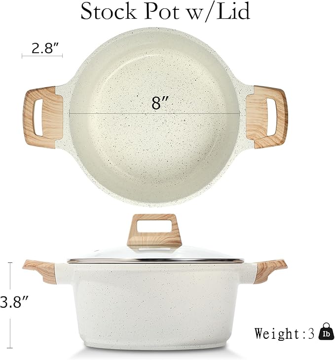ESLITE LIFE Nonstick Stock Pot with Lid, 3 Quart Granite Casserole Small Soup Pot Pasta Cooking Pot, Induction Compatible, PTFE & PFOA Free, White - Image 2