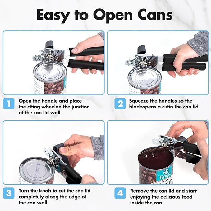 Can Opener Manual, COKORA Can Openers Hand Held with Comfort Anti-Slip Handles, Heavy Duty Stainless Steel Can Opener Smooth Edge and Bottle Openers, Easy Turn Can Openers for Seniors, Kitchen, Black - Image 3