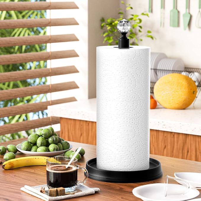 KASUNTO Crystal Head Paper Towel Holder - Steel Countertop Stand for Kitchen, Bars & Dining Tables - Fits Standard & Jumbo Rolls - Matte Black - Image 5